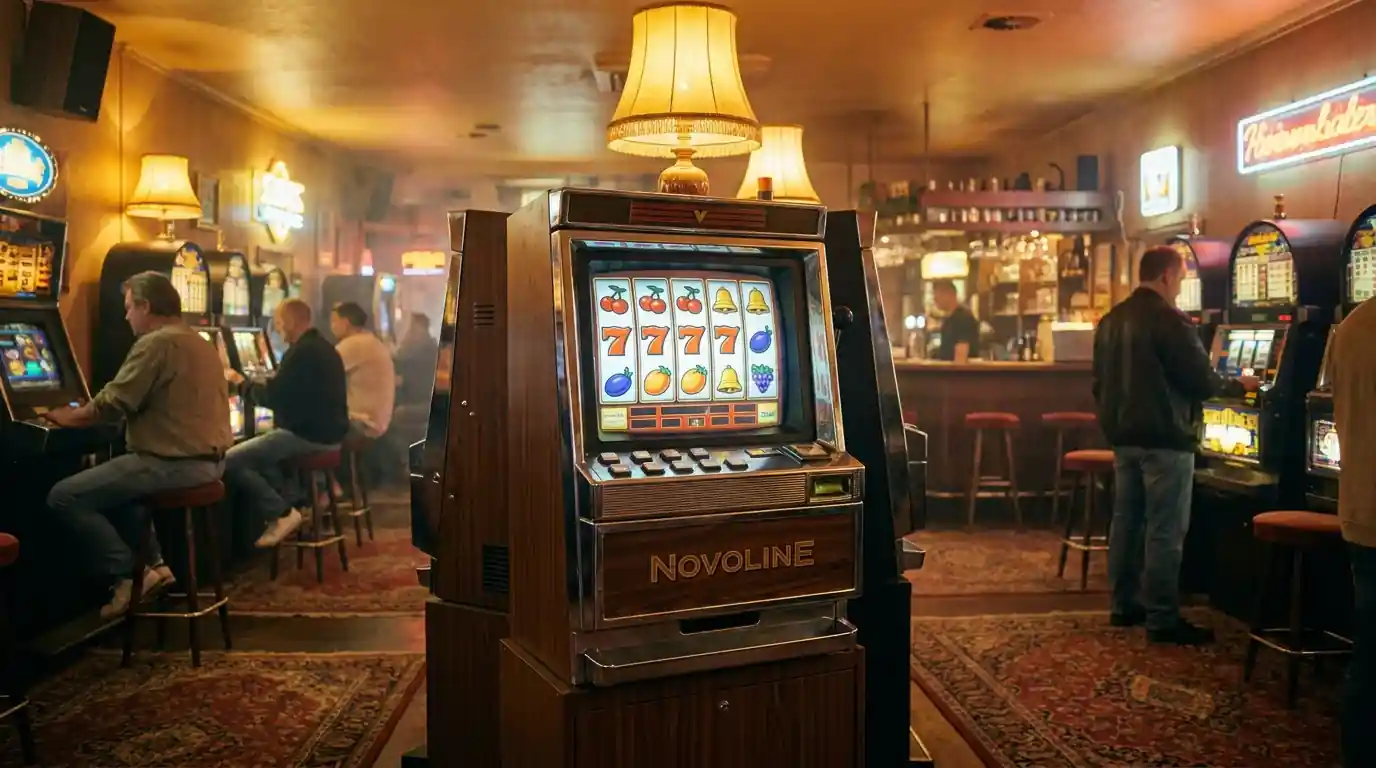 Novoline-Spielautomat in einer deutschen Spielhalle mit Fruechteslot auf dem Bildschirm