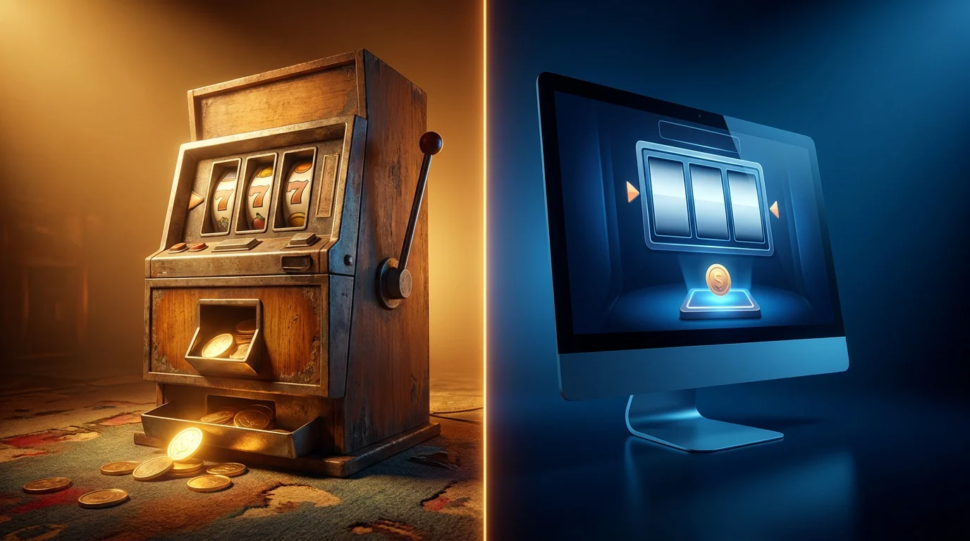 Ein Vergleich zwischen einem alten Spielhallen-Automaten mit hohem Einsatz und einem regulierten Online-Automaten mit Ein-Euro-Grenze