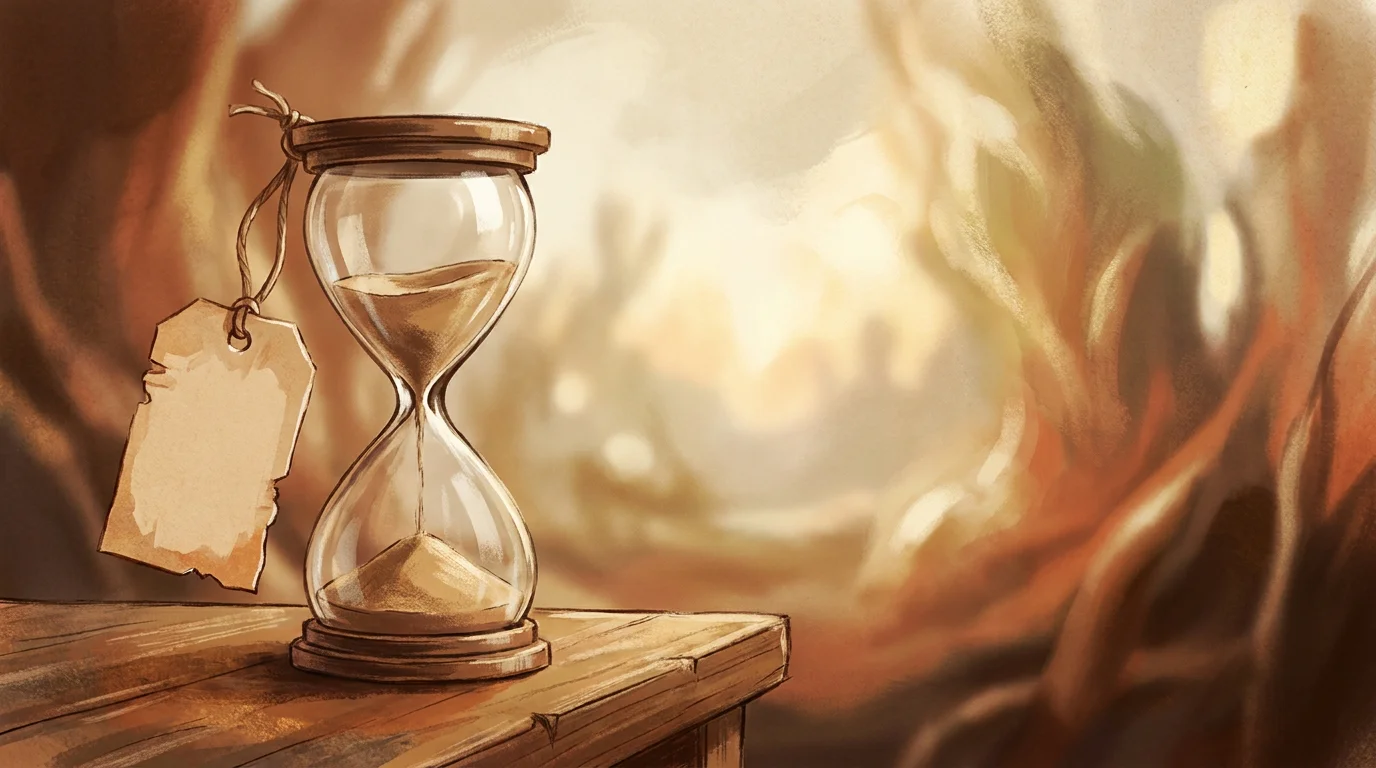 Konzeptbild: ein „Sofort"-Etikett, daneben eine kleine Sanduhr, die weiterhin läuft, als Zeichen einer realistischen Bearbeitungszeit, warme Farben, keine Schrift, keine Logos, editorialer Stil
