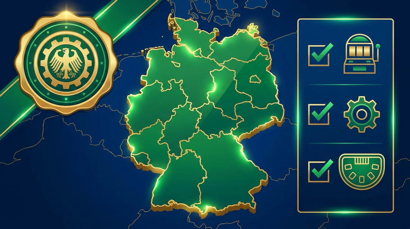 Eine Deutschlandkarte mit einem Prüfsiegel und einer Liste zugelassener Anbieter, auf der Merkur-Spiele legal verfügbar sind