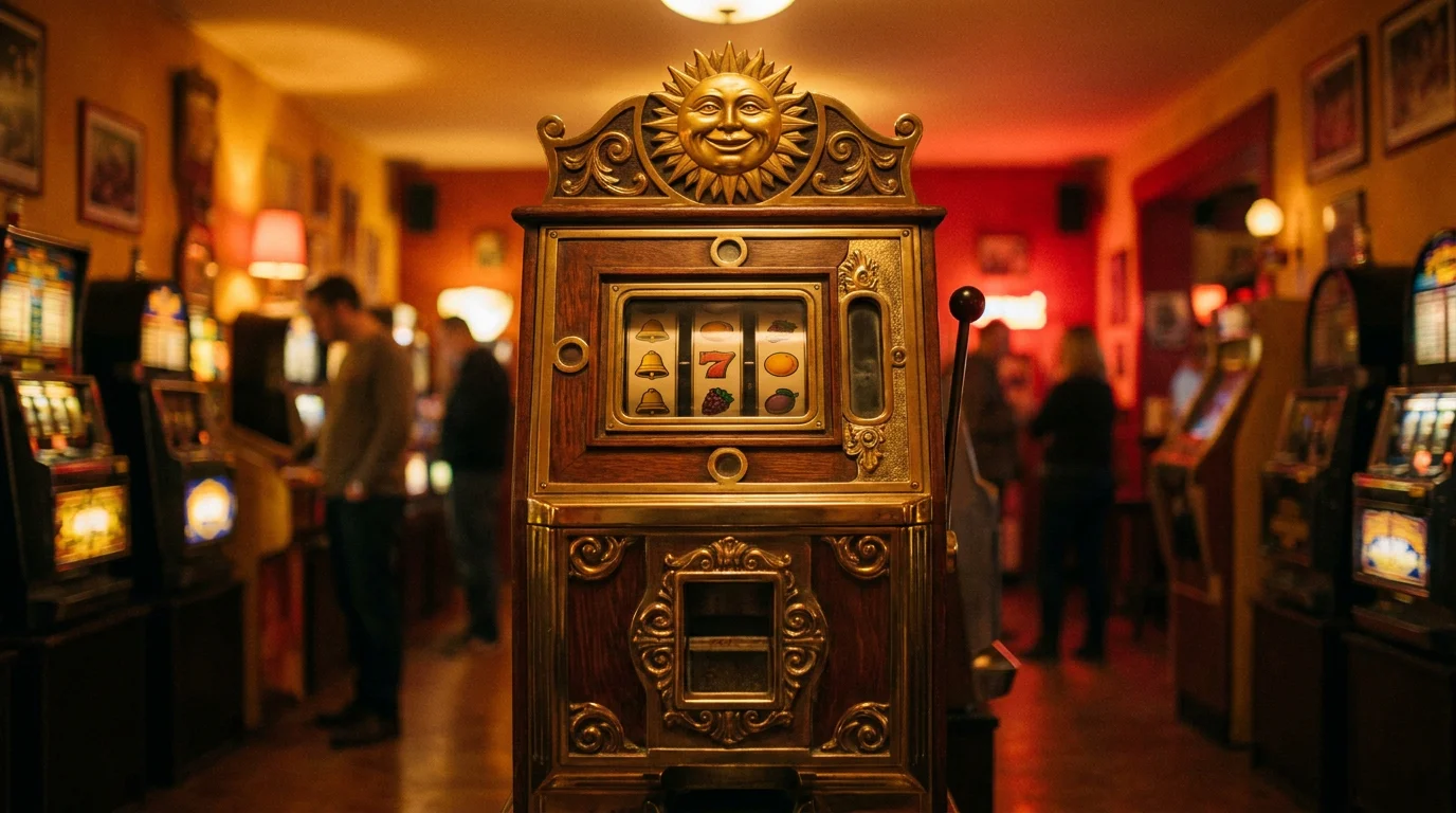 Ein klassischer Merkur-Spielautomat mit dem Sonnensymbol in einer nostalgischen Spielhalle