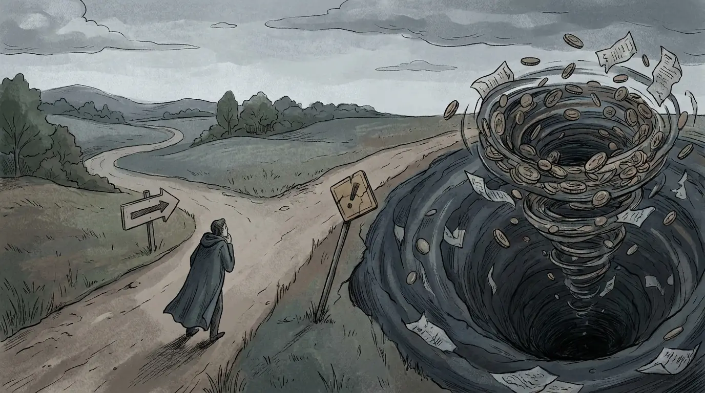Illustration: eine warnende Weggabelung, bei der der Weg mit geliehenem Geld in eine Abwärtsspirale aus Schulden führt, ernste, ruhige Farben