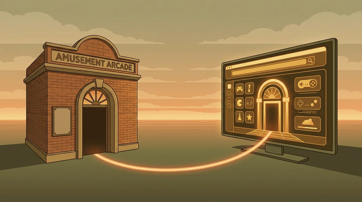 Konzeptbild: links eine klassische Spielhalle mit einer Tür und Öffnungszeiten, rechts dasselbe Angebot auf einem Bildschirm, dazwischen eine ruhige Verbindungslinie, warme geordnete Farben, keine Schrift, keine Logos, editorialer Stil