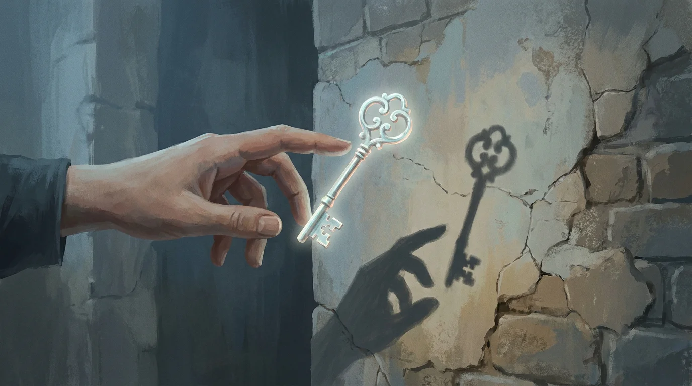 Konzeptbild: eine Hand greift nach einem vermeintlichen Trick-Schlüssel, der sich als bloßer Schatten erweist, ruhige, leicht ernüchternde Farbstimmung, keine Schrift, keine Logos, editorialer Stil