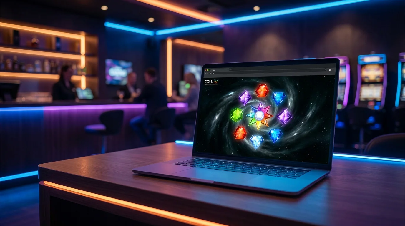 Starburst-Slot mit bunten Edelsteinen im Weltraum-Design auf einem Bildschirm im deutschen Online Casino