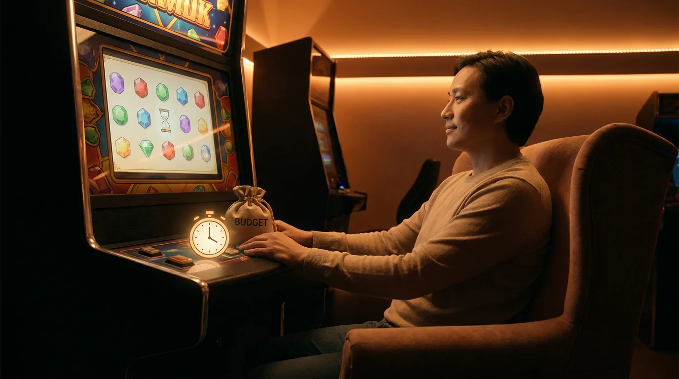 Zufriedener Spieler mit festem Budget und Zeitlimit vor dem Starburst-Slot als Symbol bewussten Spielens