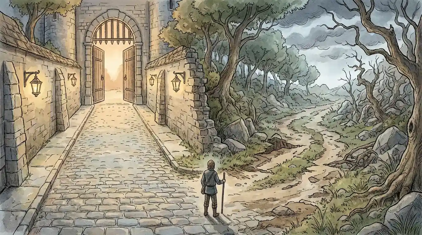 Illustration zweier Wege: einer geordnet durch ein sicheres Tor mit klarer Beschriftung, einer bricht ins unwegsame Gelände ab