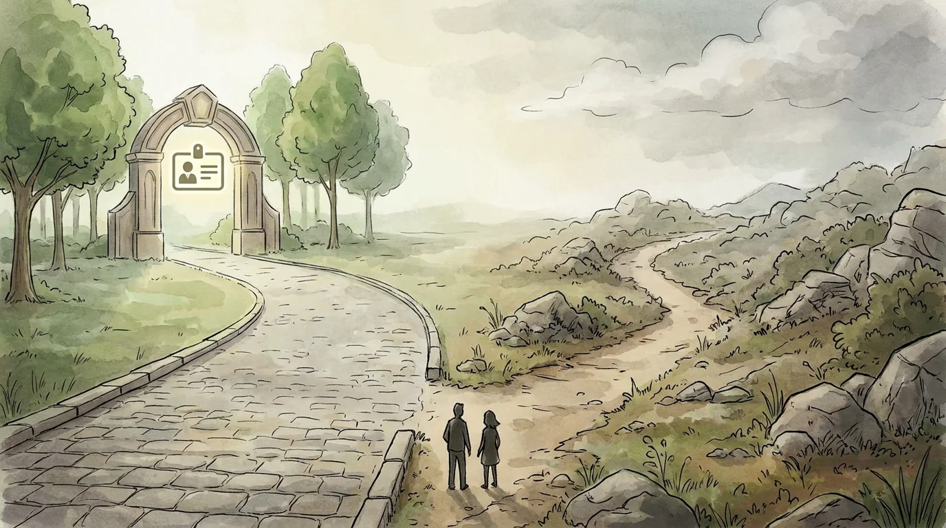 Illustration zweier Wege: einer geordnet durch ein sicheres Tor mit einem Ausweis-Häkchen, einer bricht ins unwegsame Gelände ab