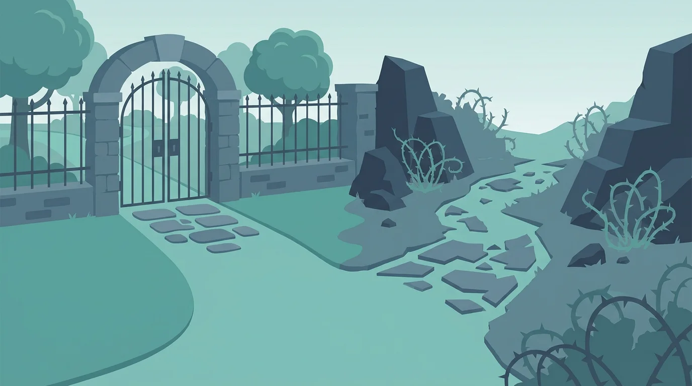 Illustration zweier Wege: einer geordnet und beschriftet durch ein sicheres Tor, einer bricht ins unwegsame Gelände ab