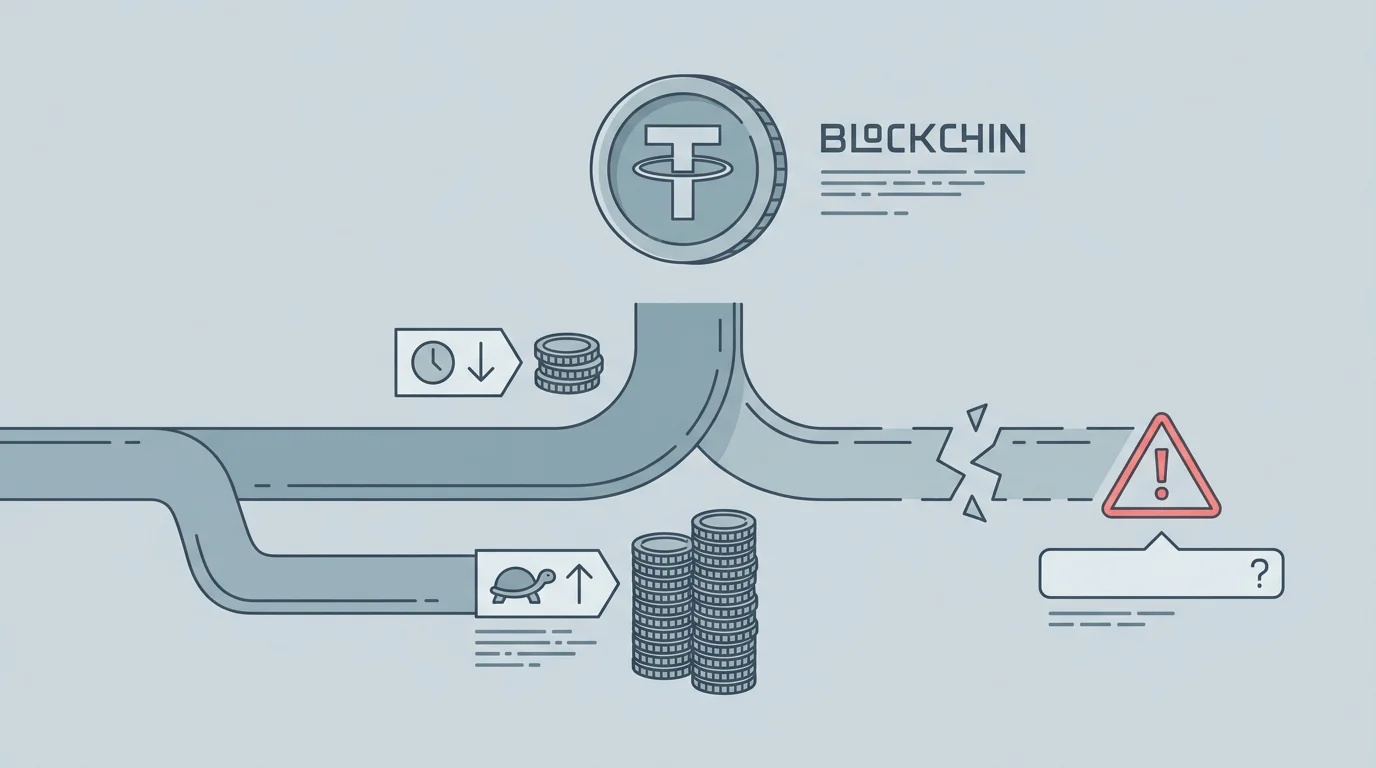 Darstellung von Tether auf mehreren Blockchains wie Tron und Ethereum mit unterschiedlichen Gebuehren, und dem Risiko, ueber die falsche Kette zu senden