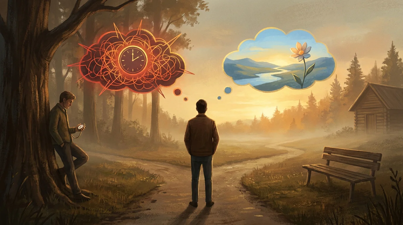 Illustration: eine Person hält ungeduldig vor einer kurzen Pause inne, ein drängender und ein ruhigerer Gedanke stehen einander gegenüber, warme Farben