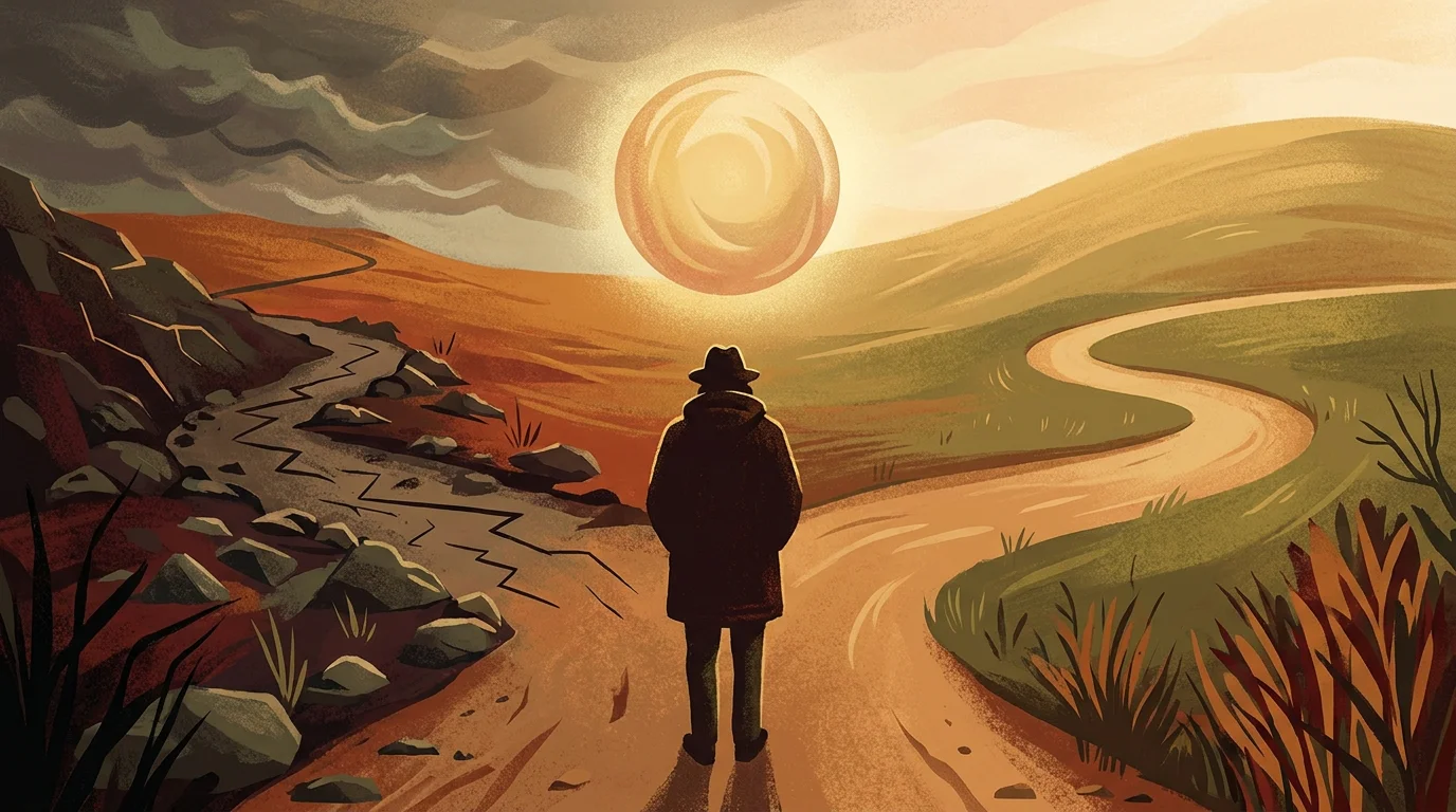 Illustration: eine Person an einer Weggabelung, ein drängender und ein ruhigerer Weg stehen einander gegenüber, dazwischen ein Moment des Innehaltens, warme nachdenkliche Farben
