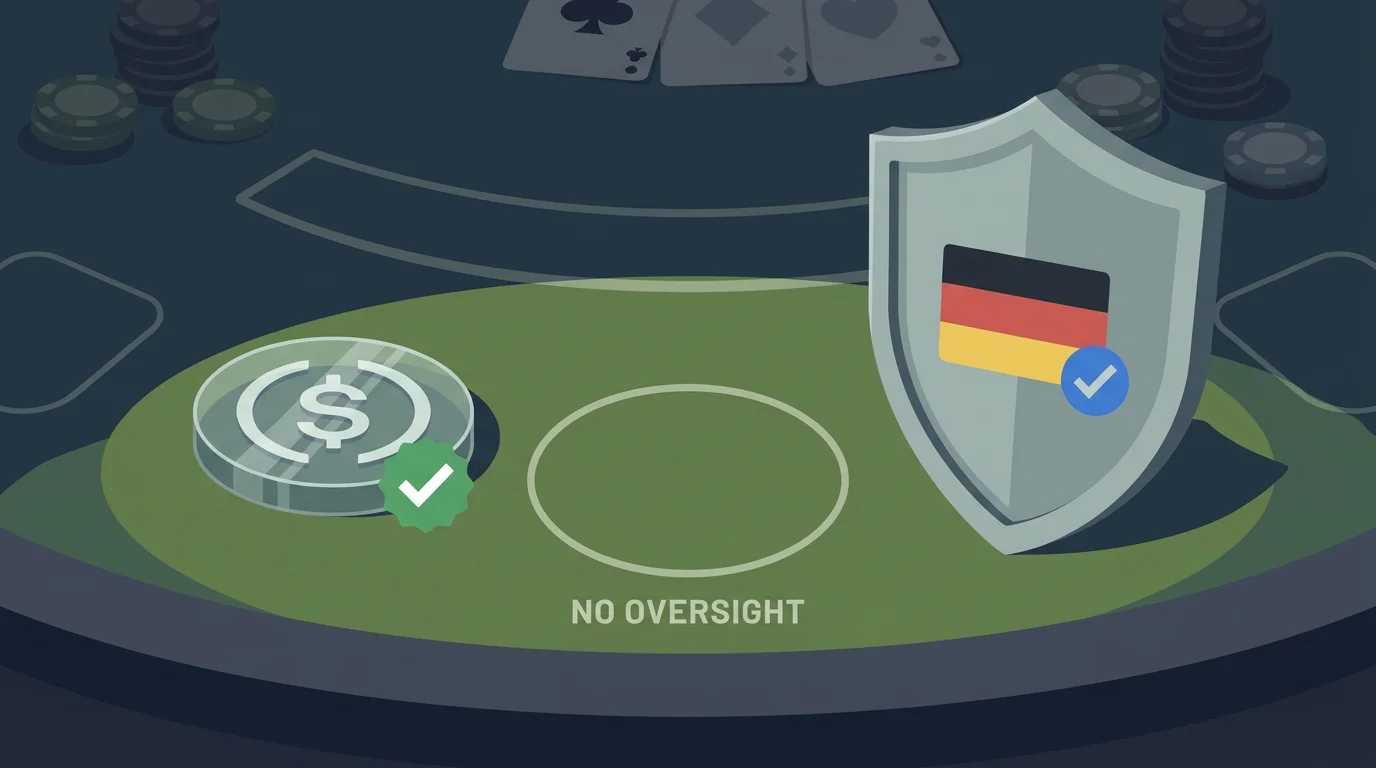 Sinnbild fuer den USDC-Casino-Vergleich: eine transparente USD-Coin-Muenze auf einem Spieltisch ohne Aufsicht, daneben ein Schutzschild mit deutschem Bezug als Gegenpol