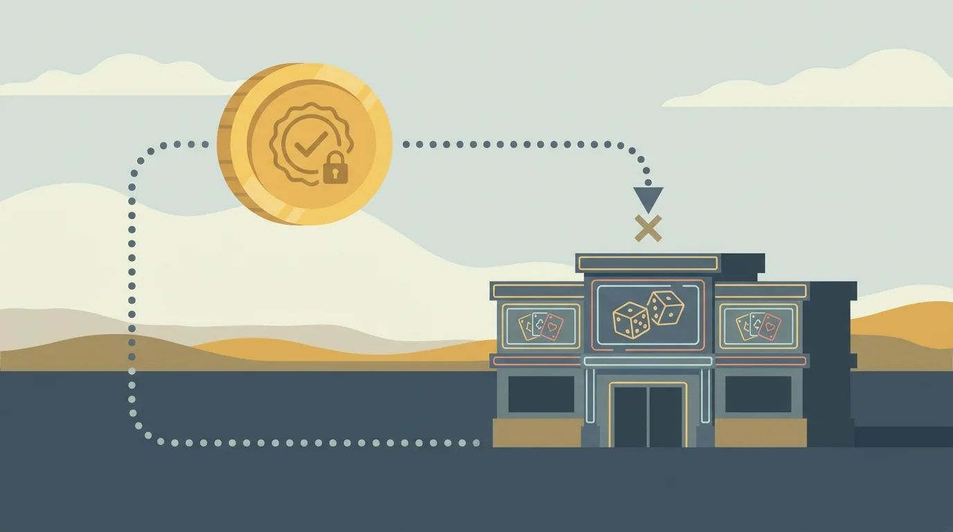 Sinnbild dafuer, dass ein regulierter Coin kein reguliertes Casino macht: ein geprueftes Muenz-Siegel wandert nicht auf das dahinterliegende aufsichtsfreie Casino ueber