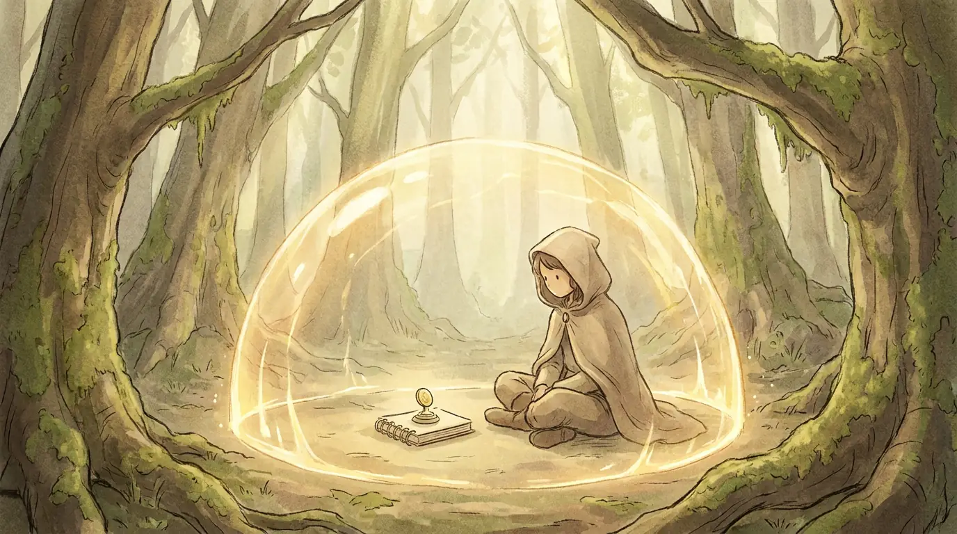 Illustration: eine Person und ein Schild, das Konto und Gewinn umschließt, warmes Licht, Gefühl von Sicherheit und Vertrauen