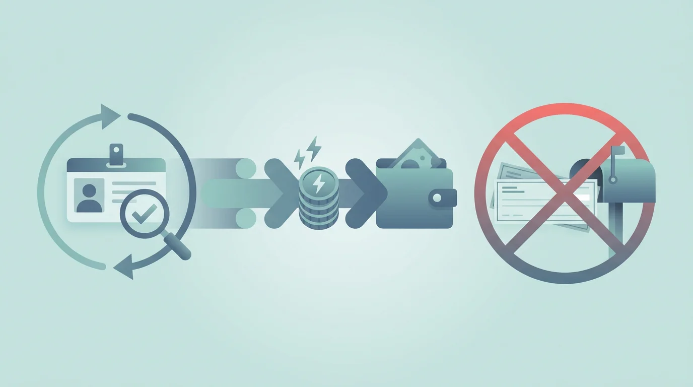 Illustration eines geordneten Auszahlungsablaufs: einmalige Verifizierung, dann zügige Auszahlungen, daneben ein durchgestrichenes „ohne Prüfung“-Symbol