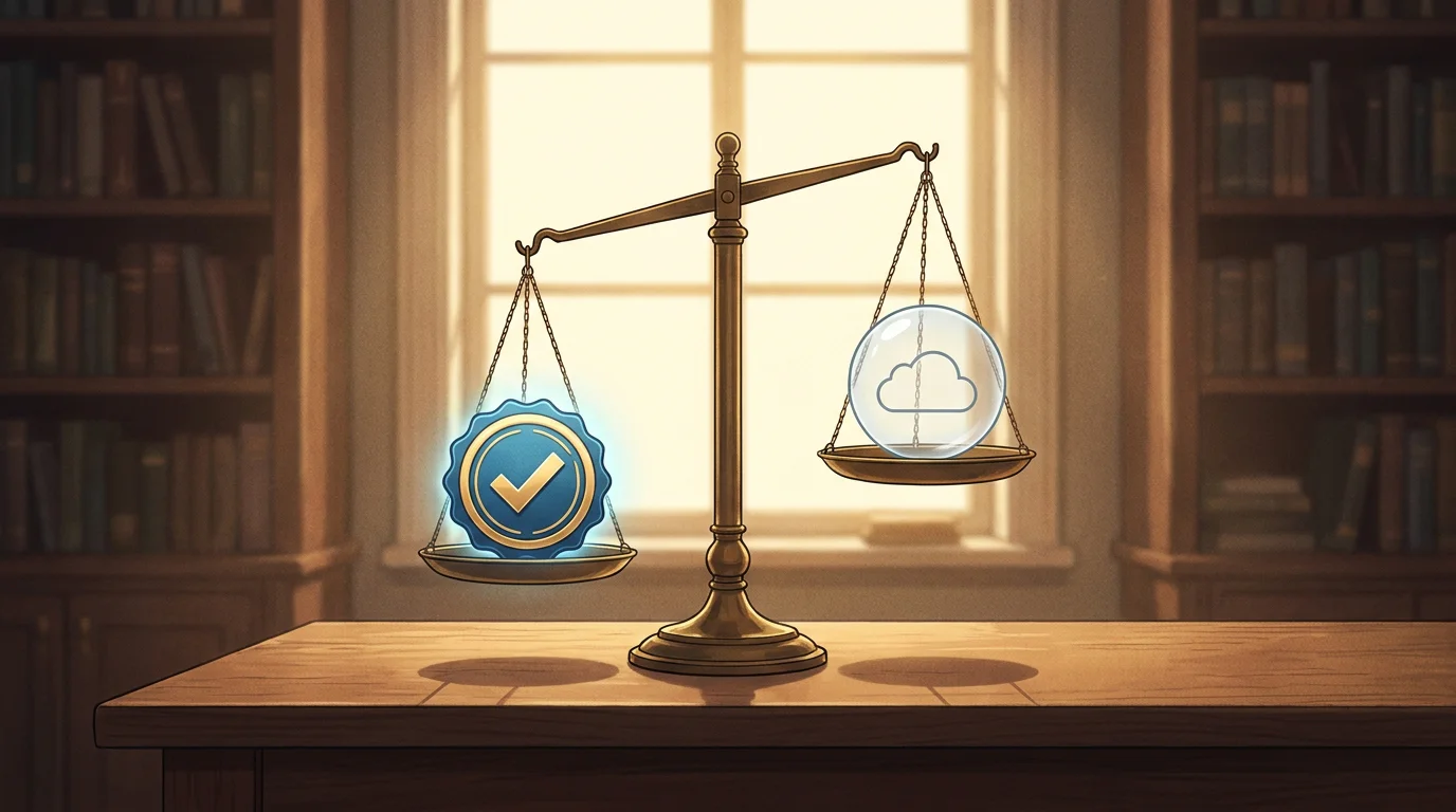 Illustration: eine Waage, auf der einen Seite ein geprüftes Siegel und ein Häkchen, auf der anderen ein leeres Versprechen, warmes Licht, Gefühl von Fairness