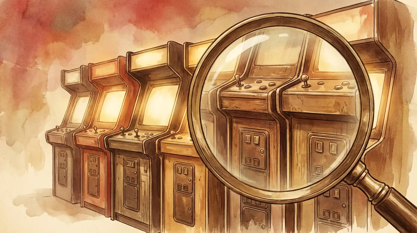Konzeptbild: eine Reihe vertrauter, klassischer Spielautomaten mit einer prüfenden Lupe davor, warme nostalgische Farben, keine Schrift, keine Logos, editorialer Stil