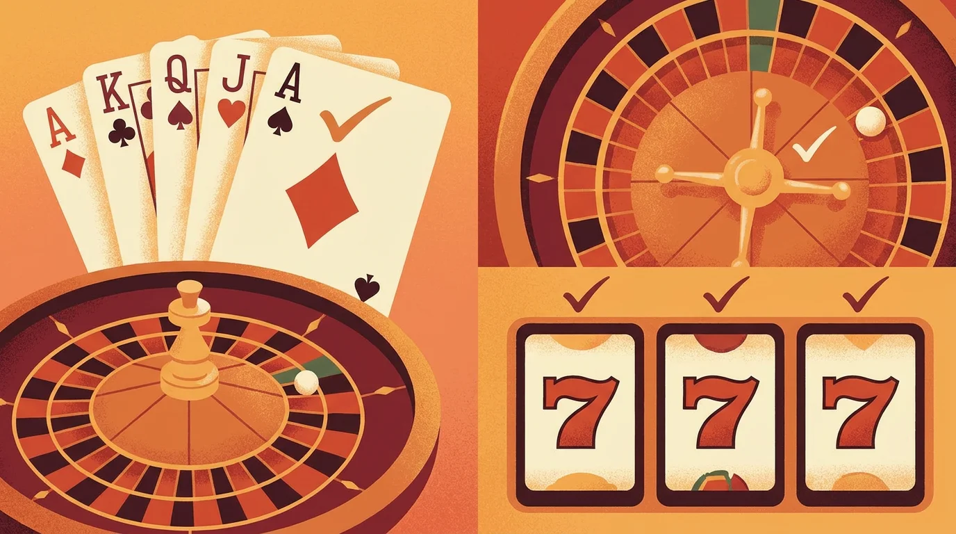 Konzeptbild: verschiedene Spielsymbole wie Karten, ein Roulette-Kessel und Walzen, von denen einige mit einem ruhigen Häkchen versehen sind, geordnete warme Farben, keine Schrift, keine Logos, editorialer Stil