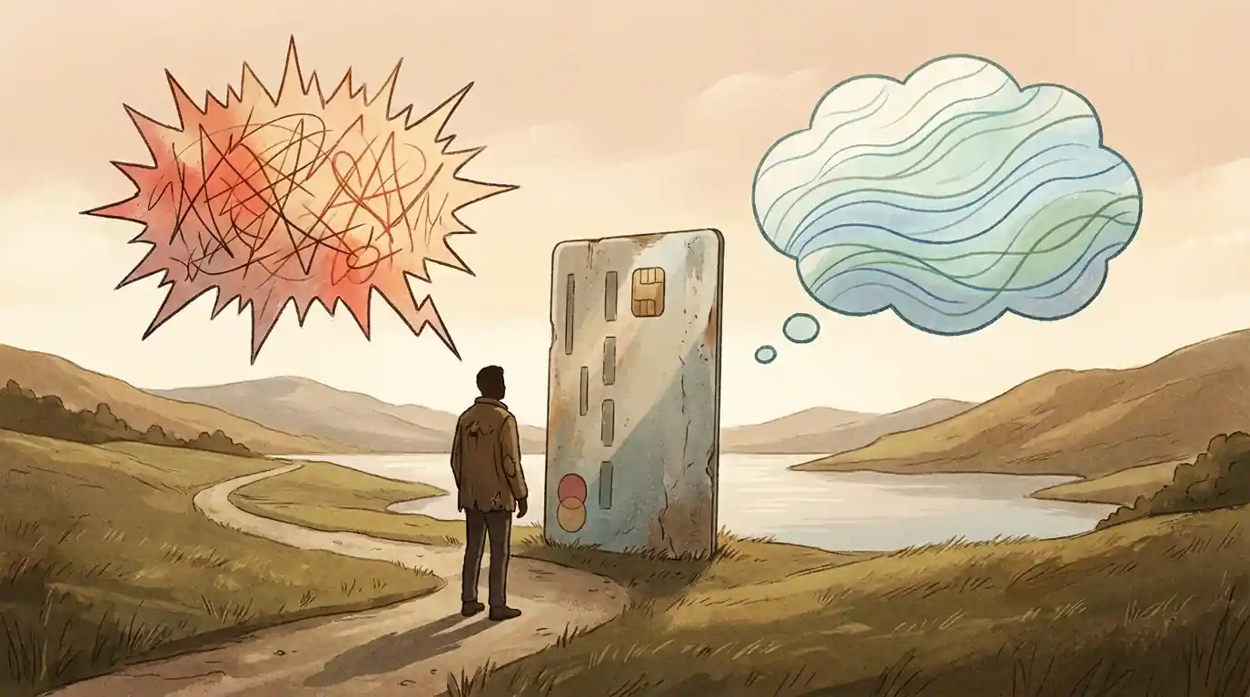 Illustration: eine Person hält vor einer Guthabenkarte inne, ein drängender und ein ruhigerer Gedanke stehen einander gegenüber