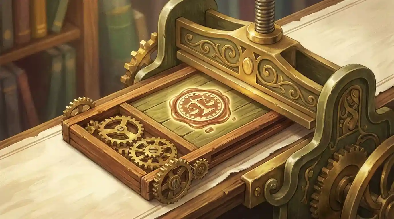 Konzeptbild: ein Spiel, das durch einen Prüfstempel gegangen ist und ein Siegel der geprüften Fairness trägt, warme ruhige Farben, keine Schrift, keine Logos, editorialer Stil